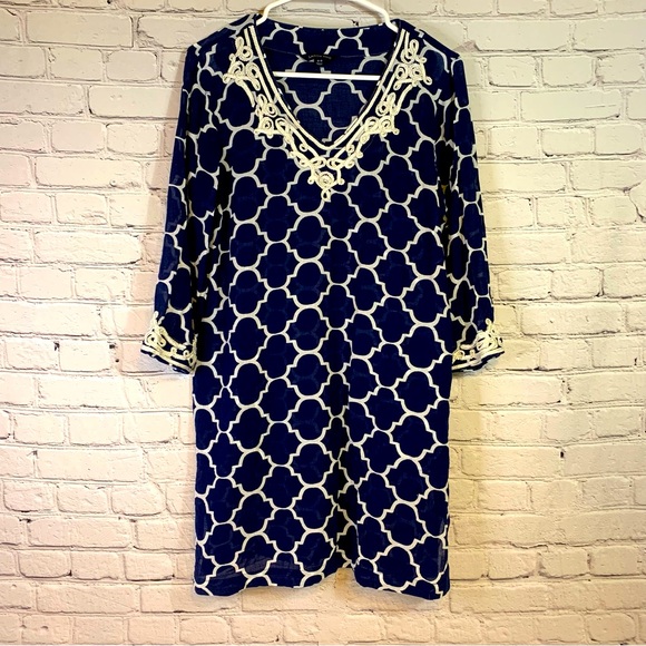 Lands End Navy and White Moroccan Tile Swim Coverup Small - Picture 1 of 7
